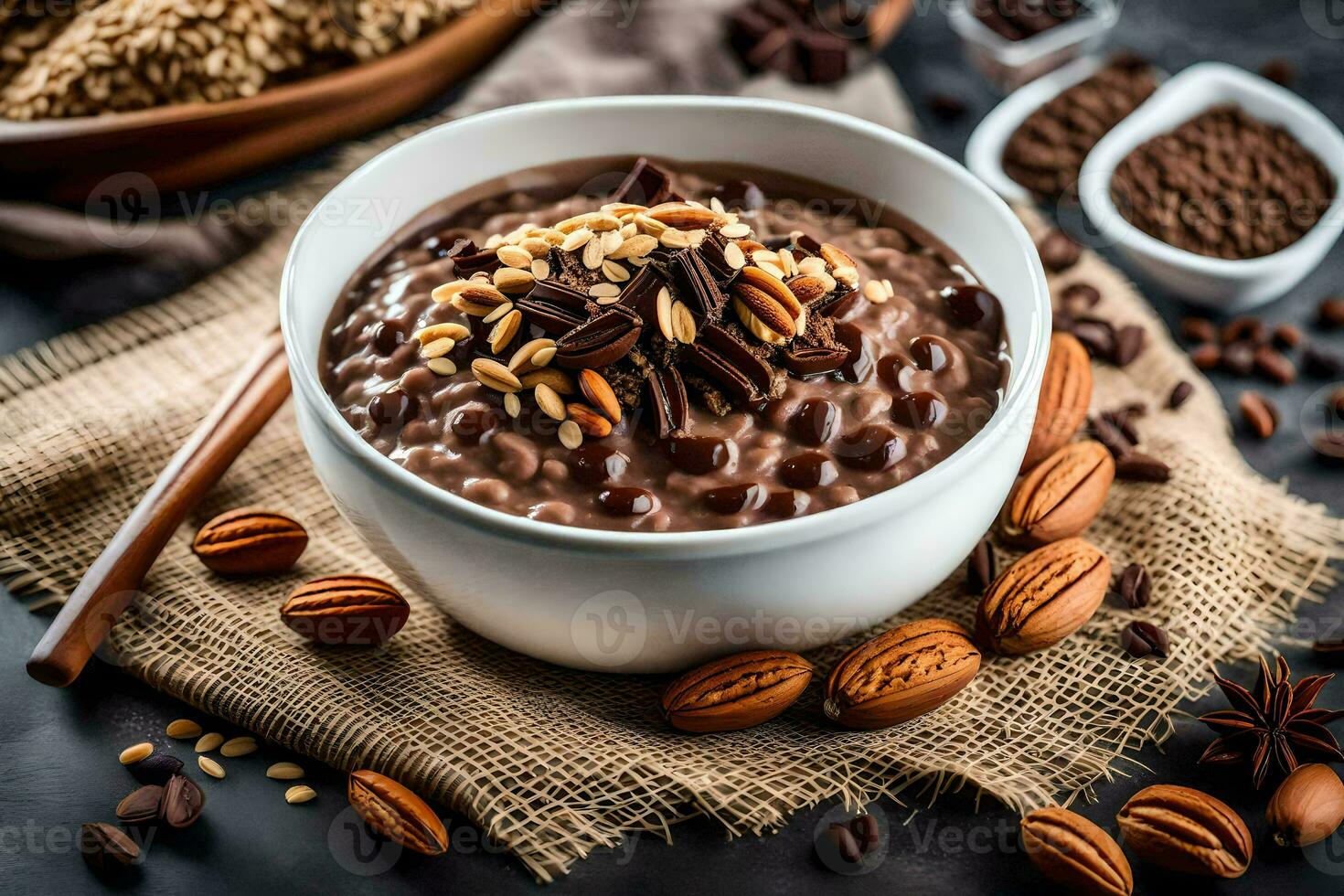 chocolate oats in a bowl with nuts and seeds. AI-Generated photo