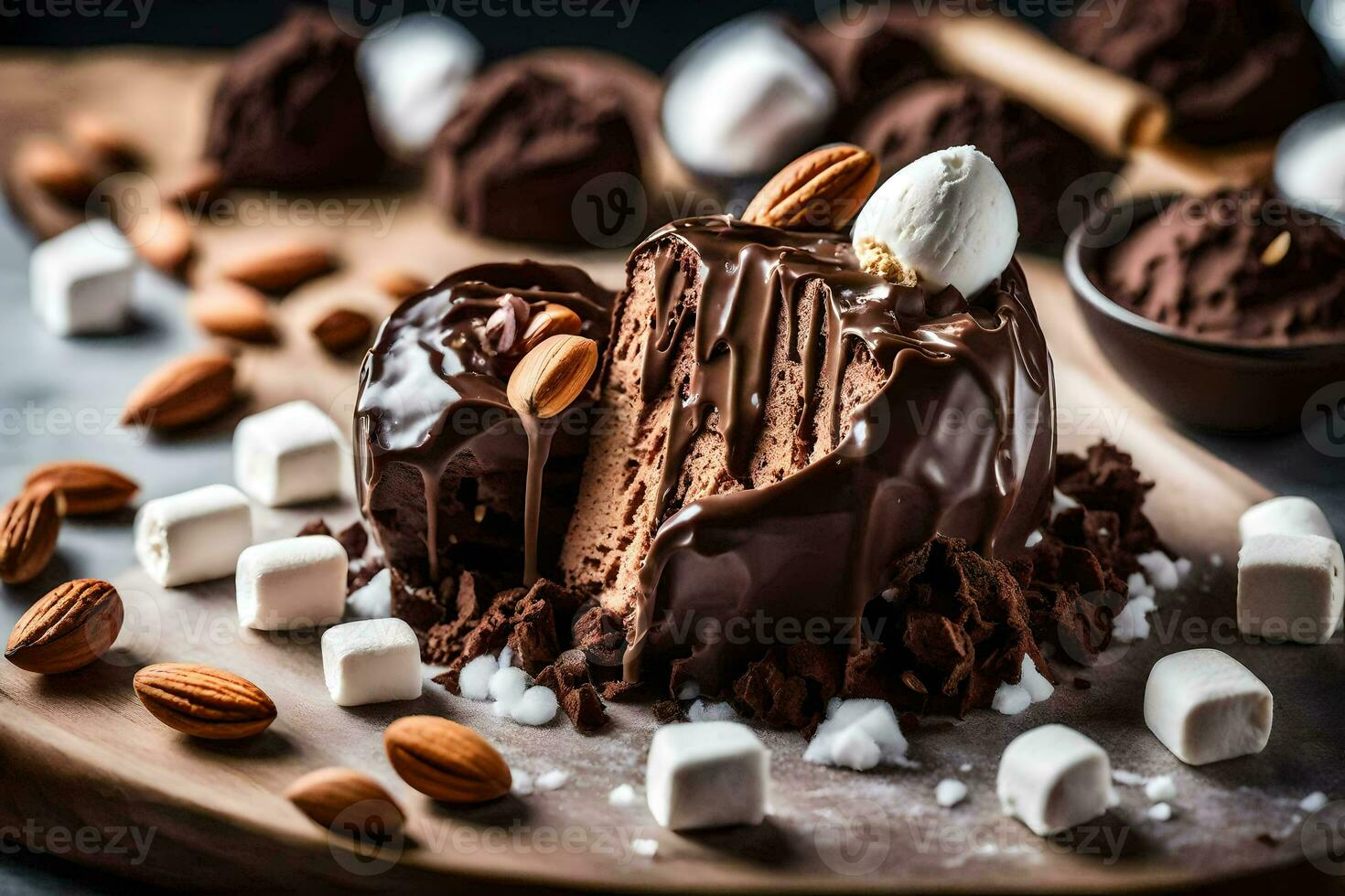 chocolate mousse with almonds and marshmallows. AI-Generated photo