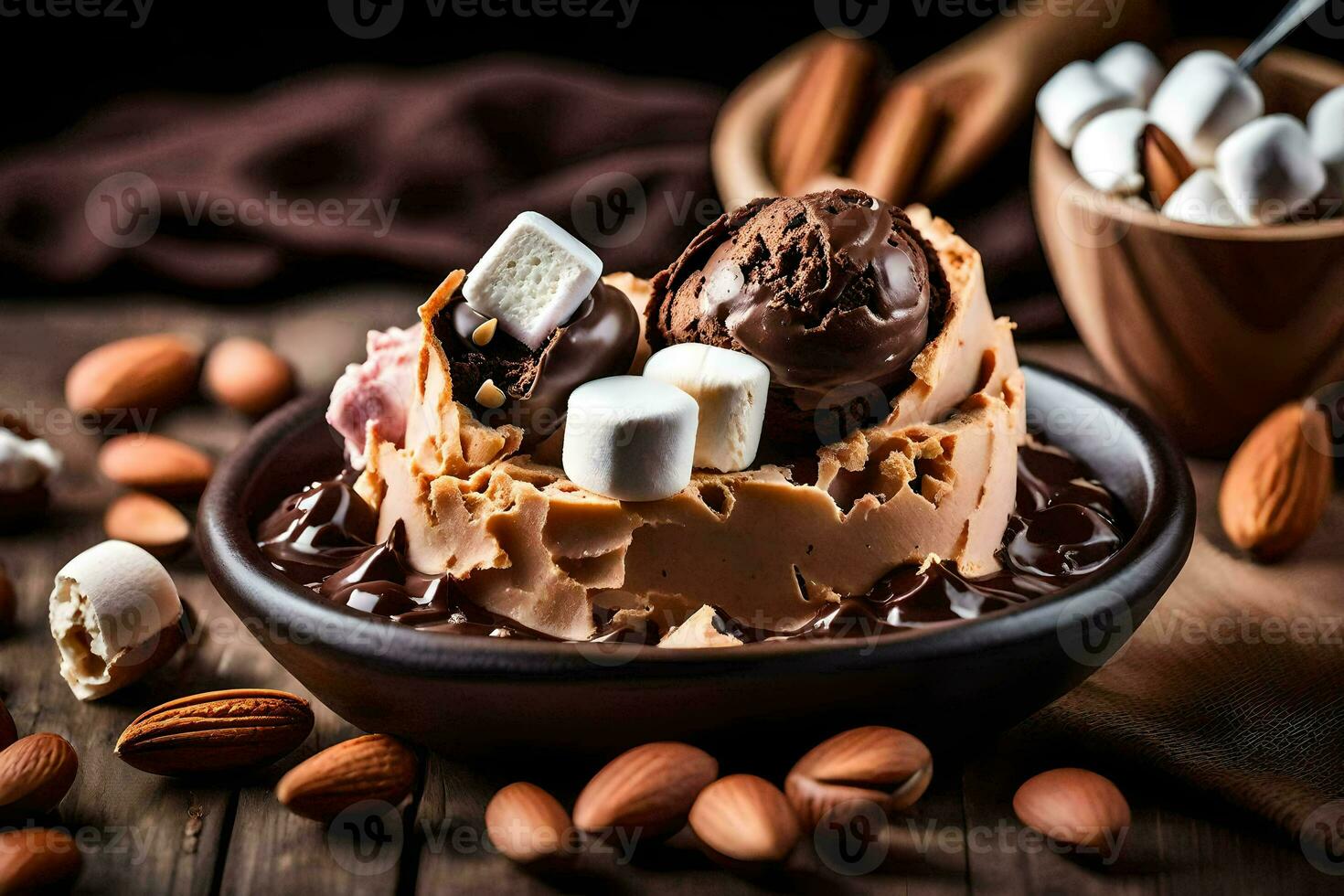 chocolate ice cream with marshmallows and almonds on a wooden table. AI-Generated photo