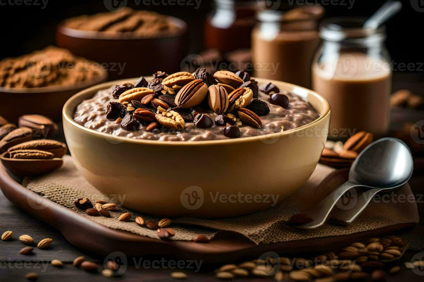 chocolate pecan oatmeal in a bowl. AI-Generated photo