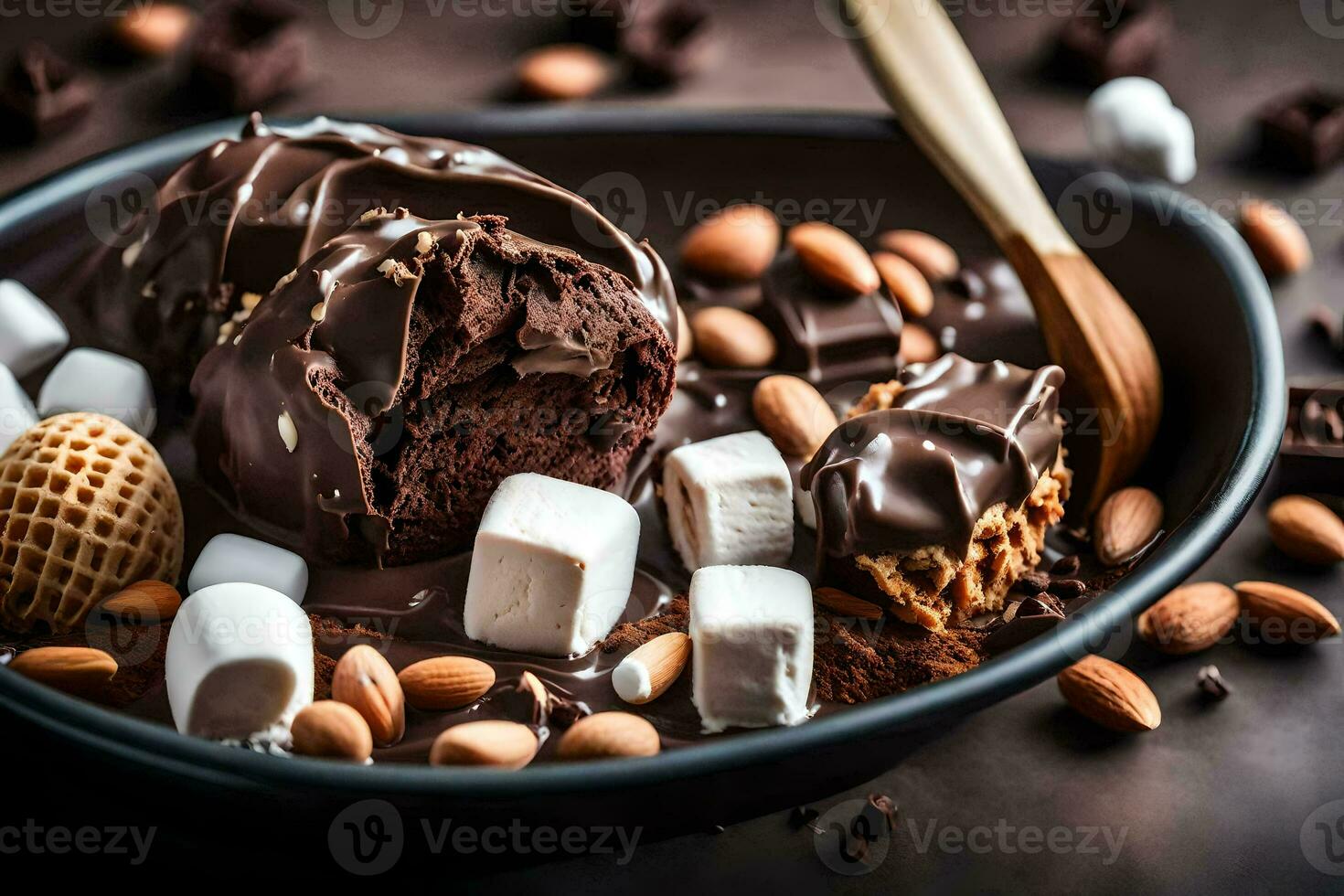 chocolate ice cream with marshmallows and almonds in a bowl. AI-Generated photo