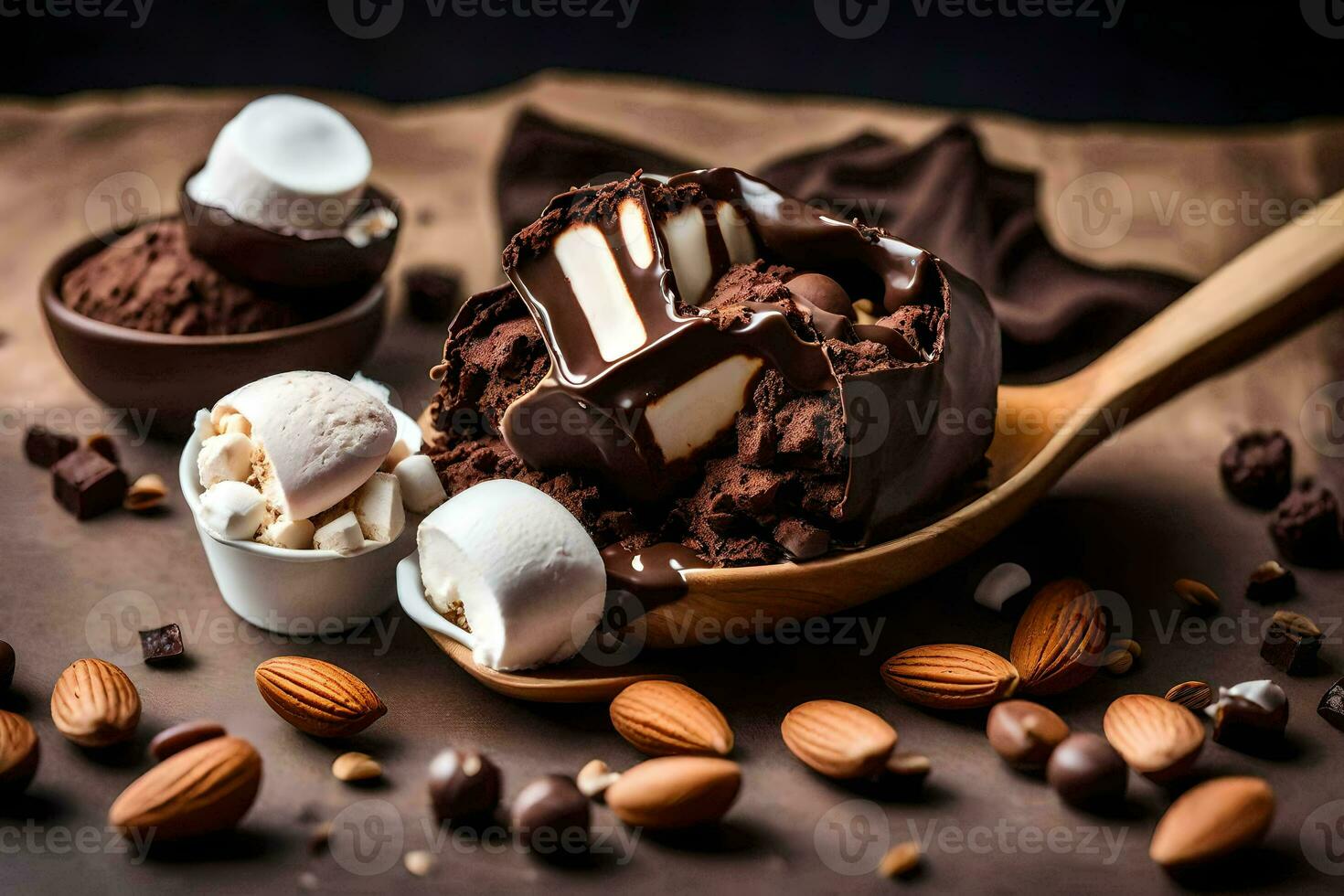 chocolate ice cream with marshmallows and almonds. AI-Generated photo