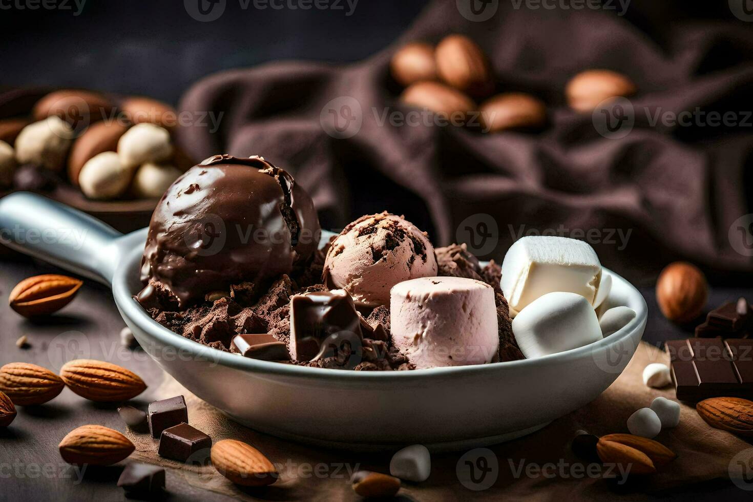 chocolate hielo crema en un cuenco con Almendras y Malvaviscos. generado por ai foto