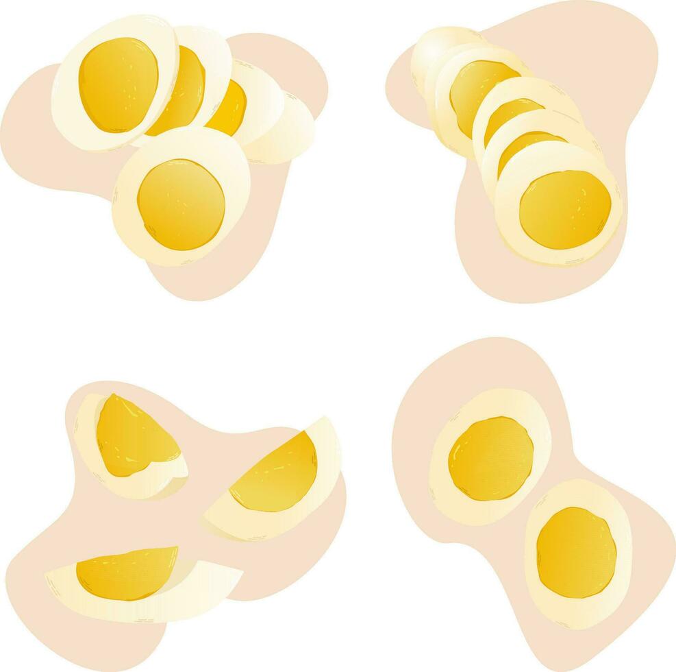 un conjunto de imágenes de huevos de diferente formas acostado en el superficie. piezas de hervido huevo. picar el hervido huevos. vector ilustración
