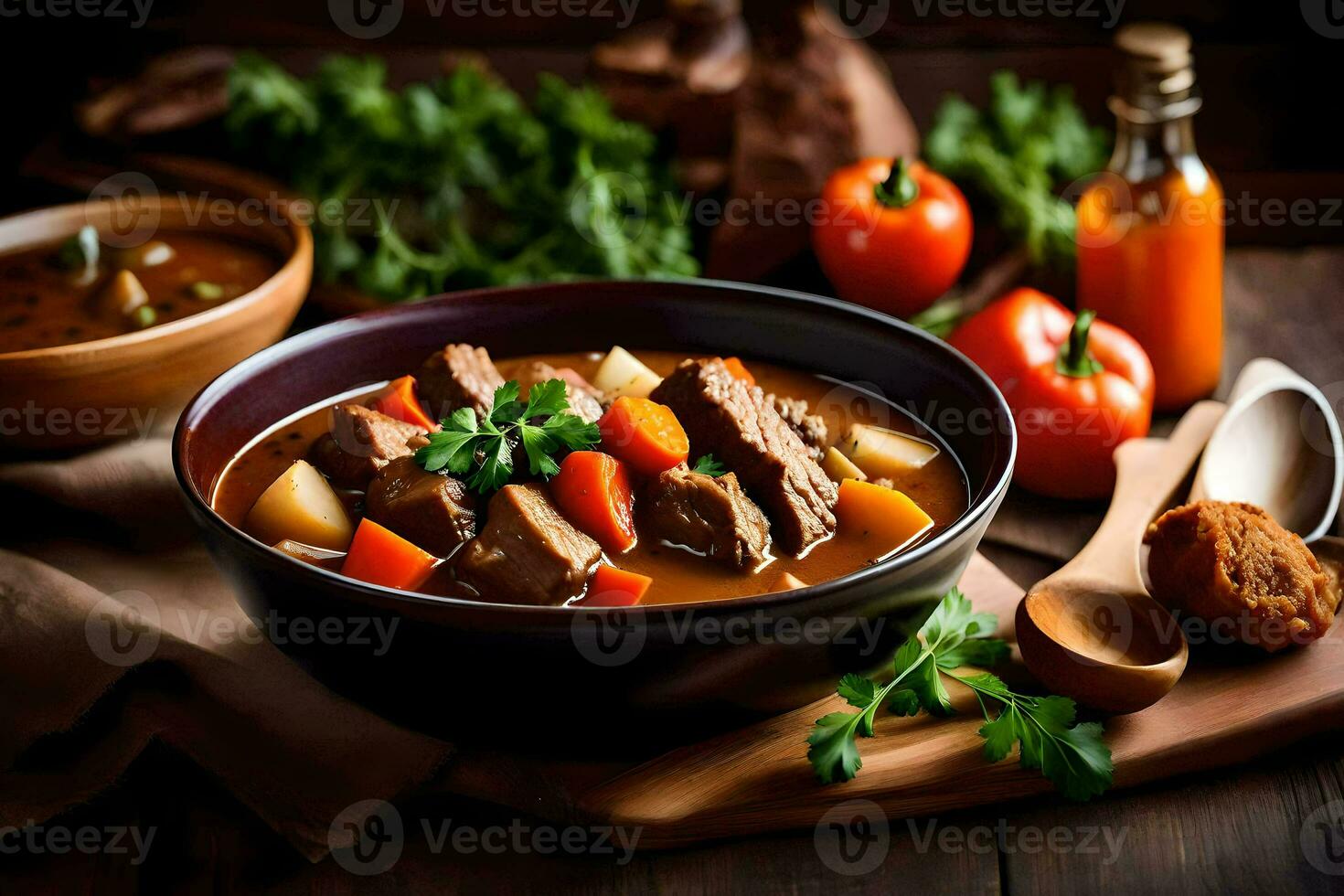 a bowl of beef stew with vegetables and bread. AI-Generated photo