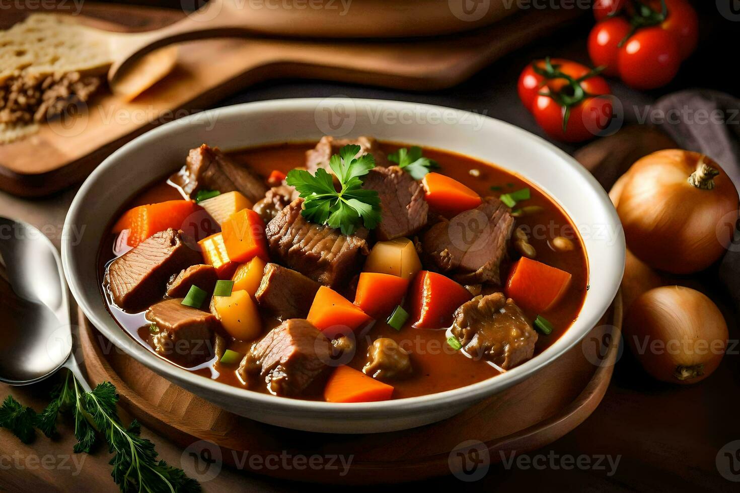 a bowl of beef stew with vegetables and potatoes. AI-Generated photo