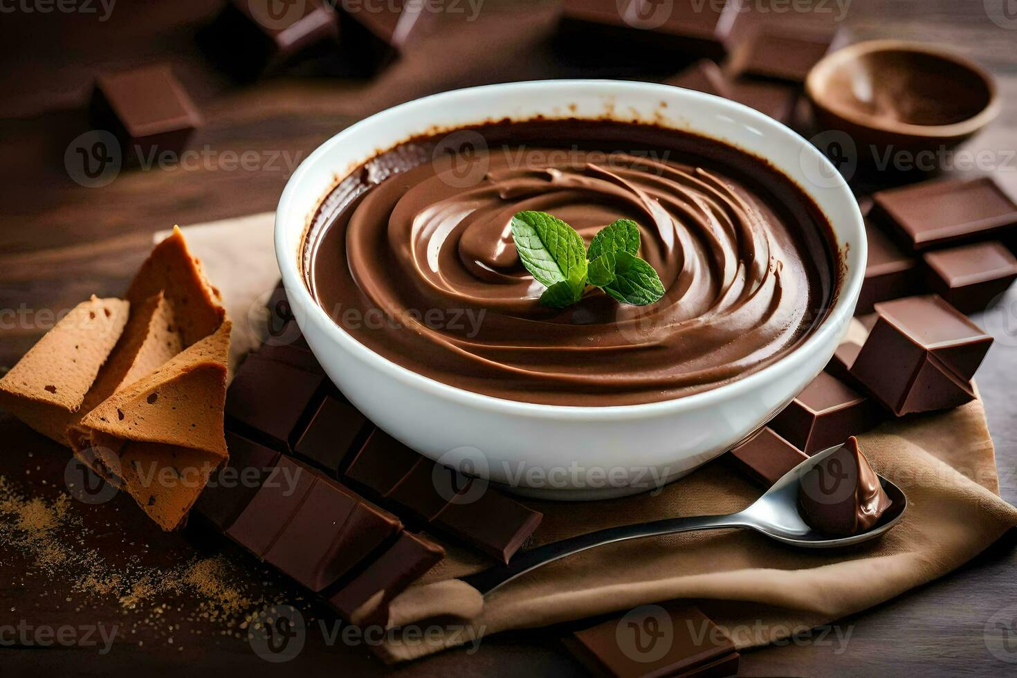 chocolate pudding in a bowl. AI-Generated photo