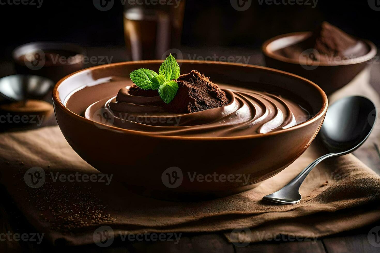 chocolate pudding in a bowl. AI-Generated photo