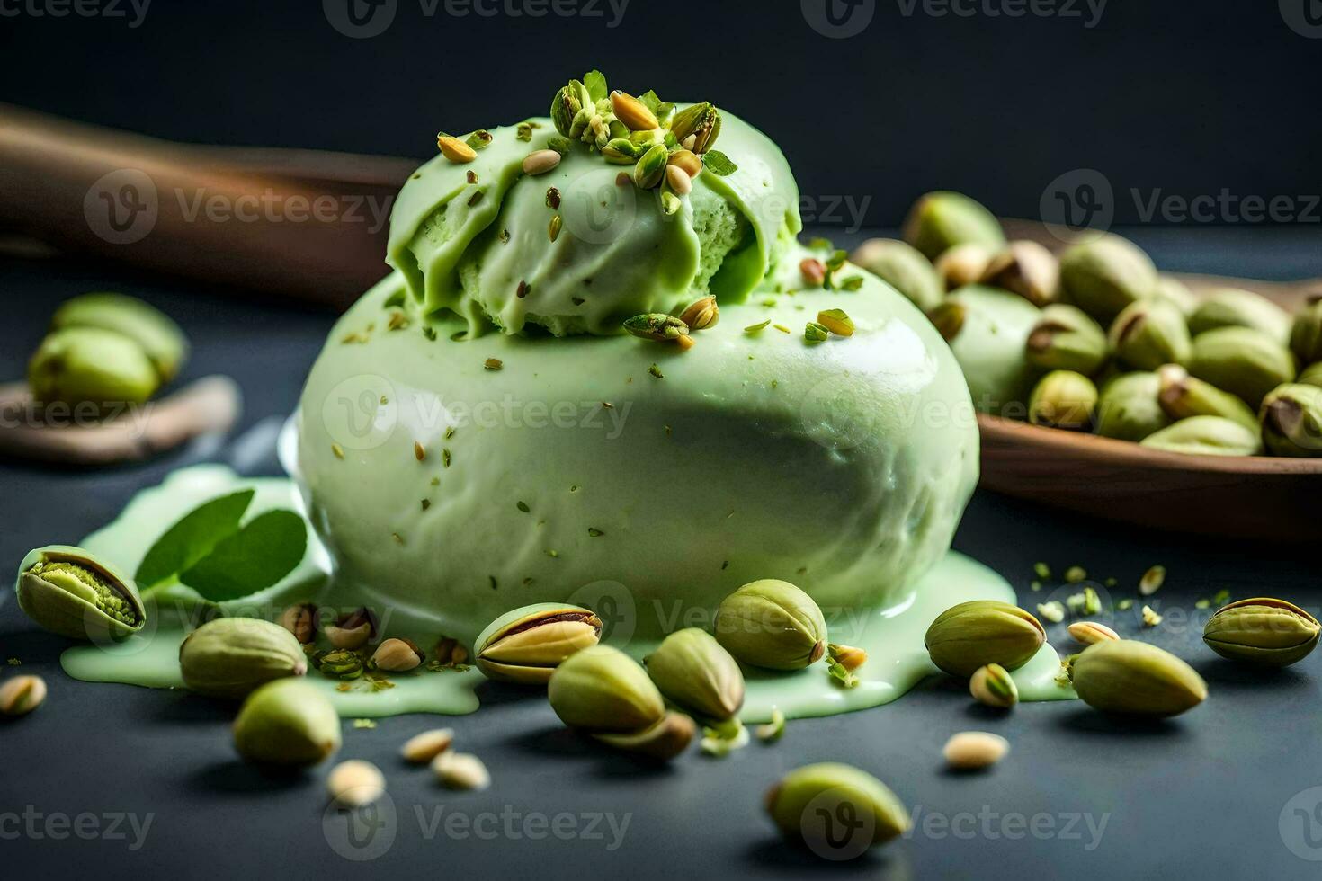 pistachio ice cream with pistachio nuts on a dark background. AI-Generated photo