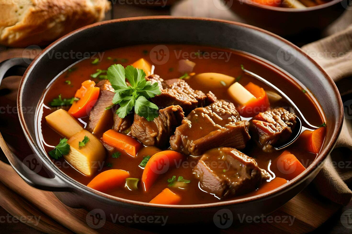 a bowl of beef stew with carrots and potatoes on a wooden table. AI-Generated photo