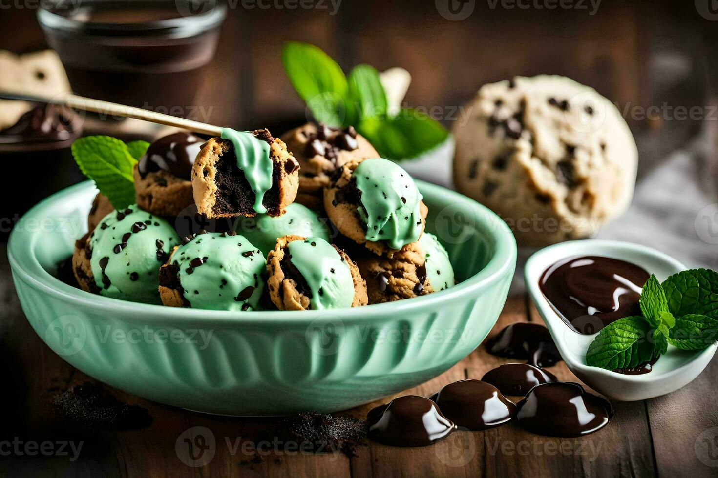 chocolate chip cookies and mint ice cream in a bowl. AI-Generated photo