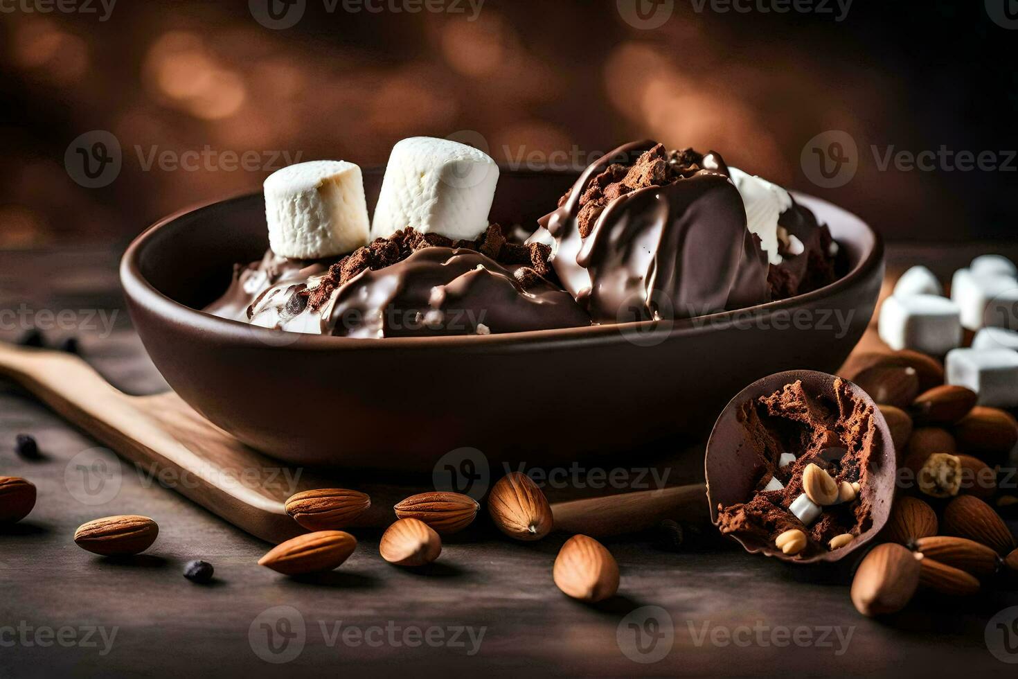 chocolate ice cream with marshmallows and almonds in a bowl. AI-Generated photo