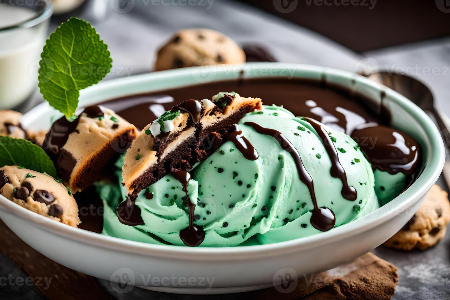 chocolate chip cookie ice cream with mint chocolate sauce and cookies. AI-Generated photo