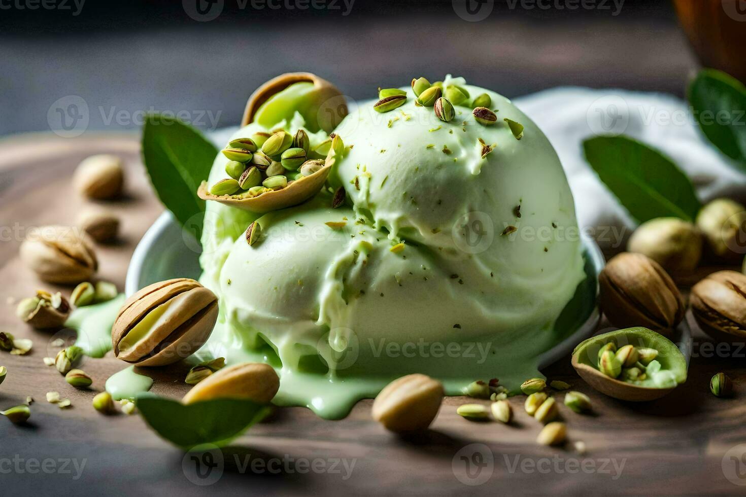 pistachio ice cream with pistachio nuts and pistachio leaves on a wooden. AI-Generated photo