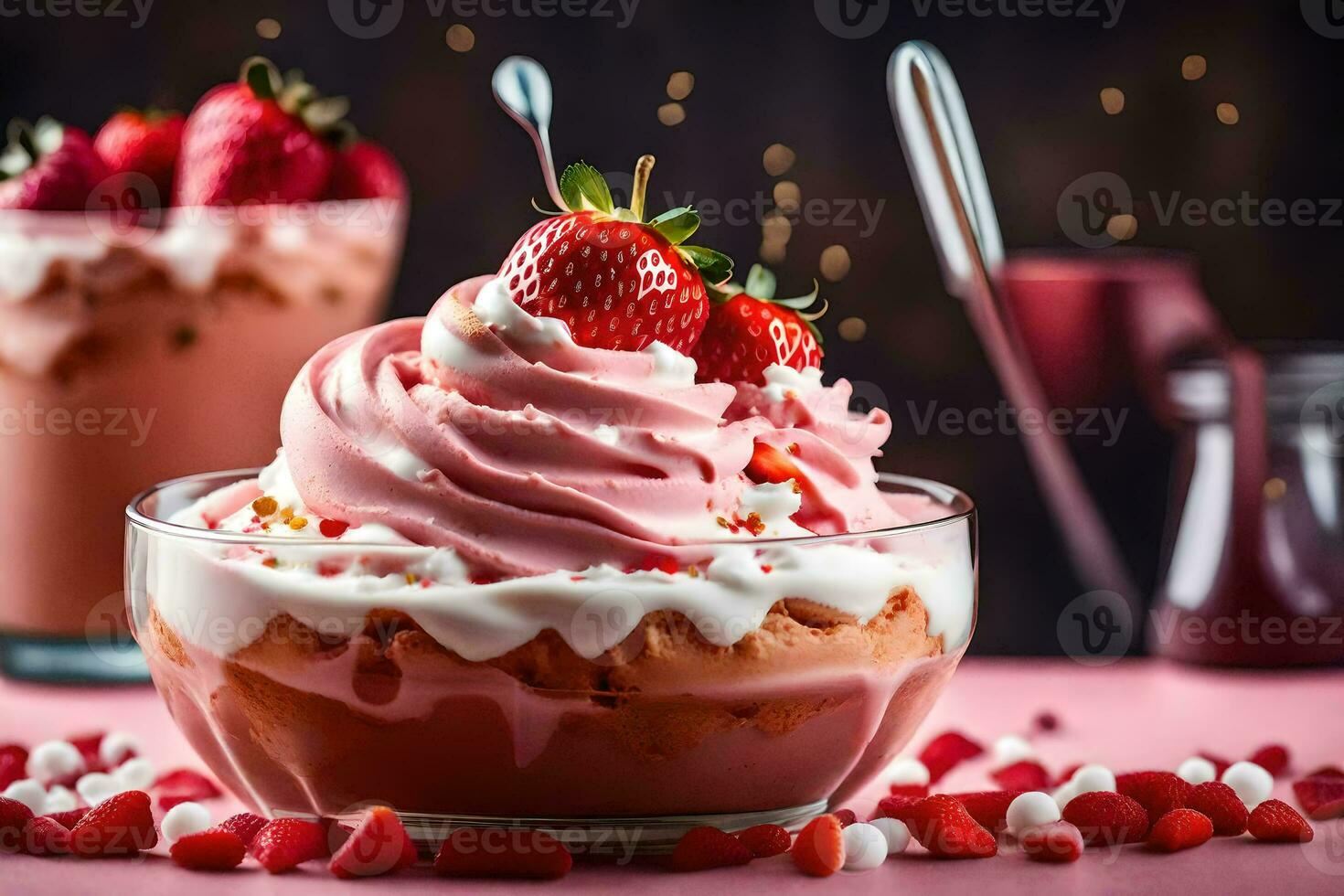two dessert bowls with strawberries and whipped cream. AI-Generated photo