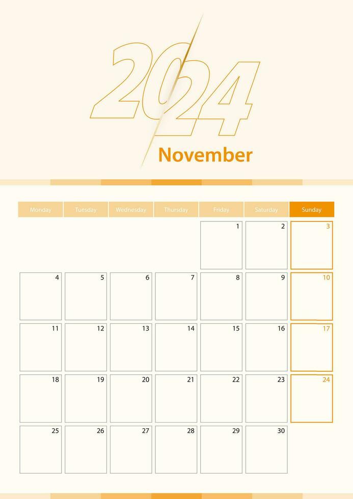 Modern vector vertical calendar sheet for November 2024, planner in English.