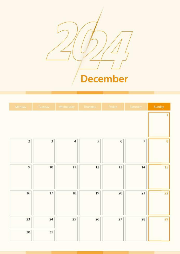Modern vector vertical calendar sheet for December 2024, planner in English.