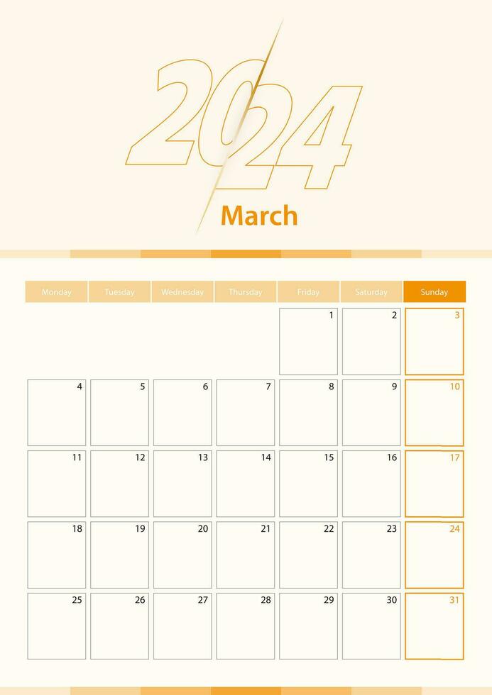 Modern vector vertical calendar sheet for March 2024, planner in English.