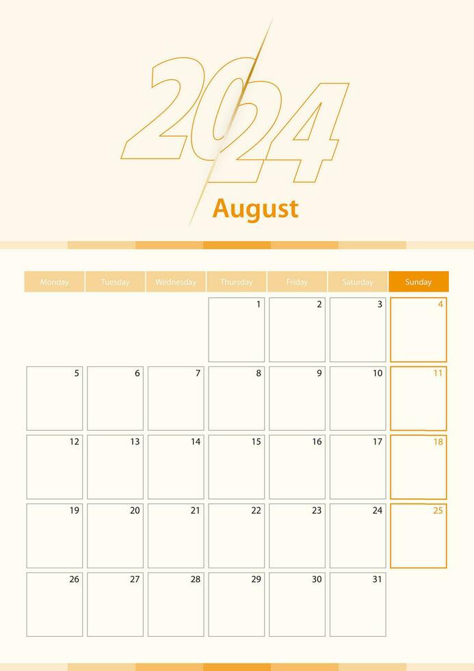 Modern vector vertical calendar sheet for August 2024, planner in English.