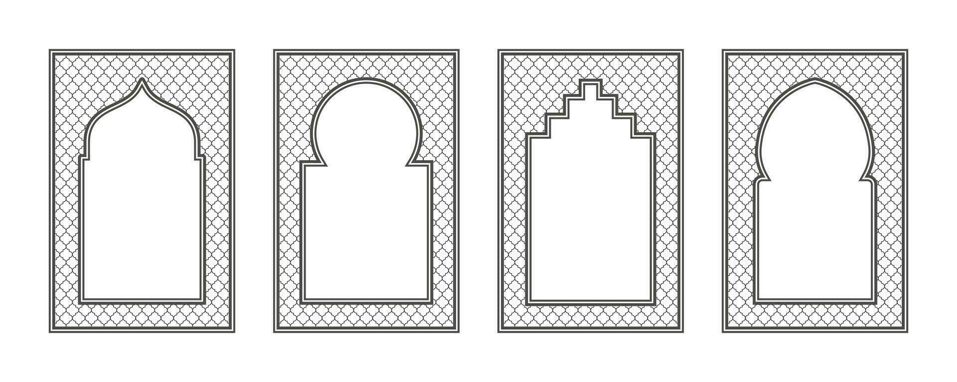 Islamic frame with arch and ornament. Ramadan gate on geometric background for wedding invitation design. Vector oriental decorations set.