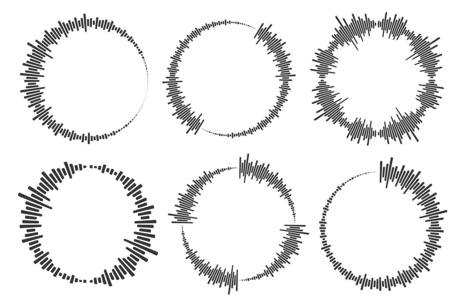 Circle sound wave. Audio music equalizer. Round circular icons set. Spectrum radial pattern and frequency frame. Vector design