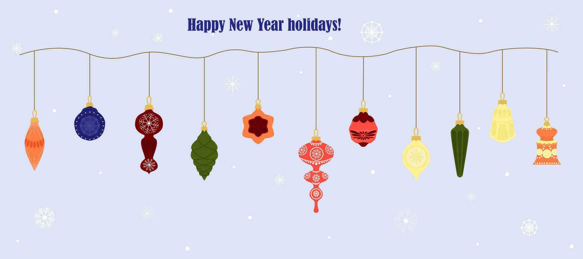 Christmas balls. Decorative winter toys. Hand-drawn New Year's toys. Inscription congratulations Happy New Year. Set of vector decorative elements.