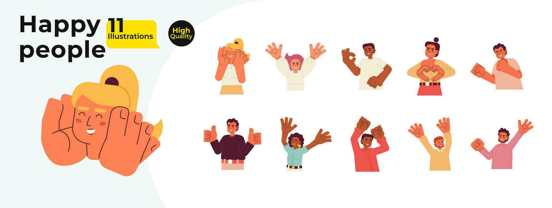 Happy people diverse cartoon flat illustration bundle. Energetic women, cheerful men multicultural 2D characters isolated on white background. Feeling positive emotion vector color image collection