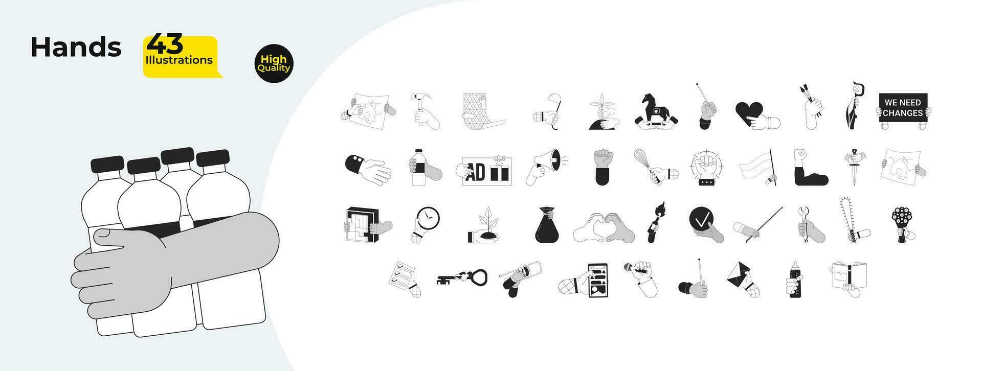 Hands doing things cartoon human hands outline illustration bundle. Bottles carrying, smartphone using 2D isolated black and white vector image collection. Tools flat monochromatic drawing clip arts