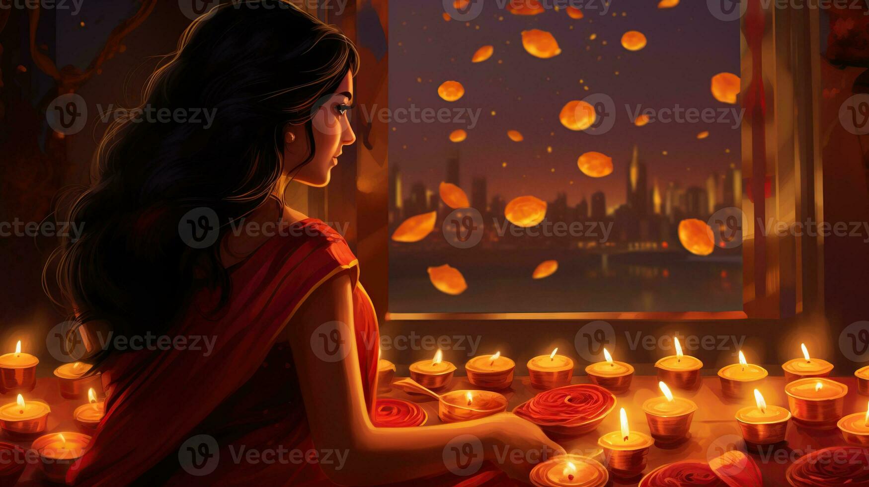 Festival of Lights. Diwali, Festival of Lights. Web banner design with candles and woman.  Ai Generated photo