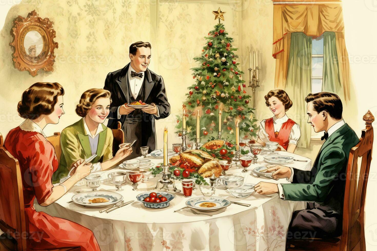 Vintage illustration of a family Christmas dinner. Ai Generated photo