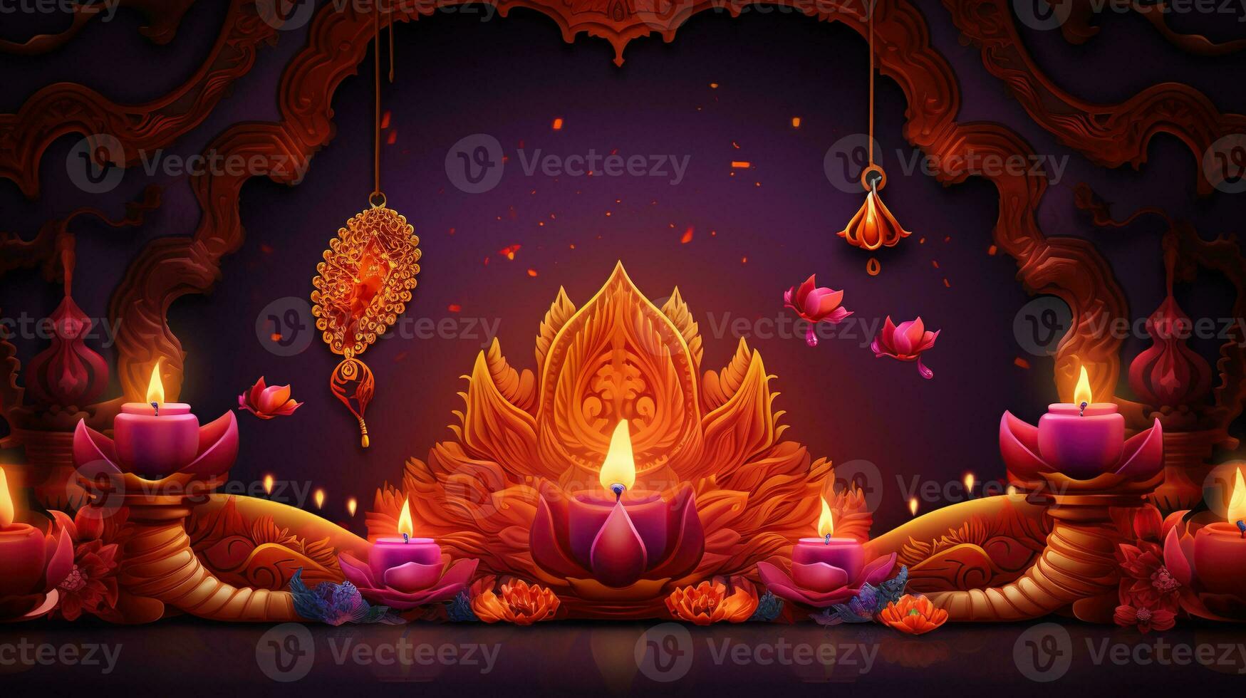 Glowing candles for Indian holiday Diwali Festival of lights on dark background. Ai Generated photo
