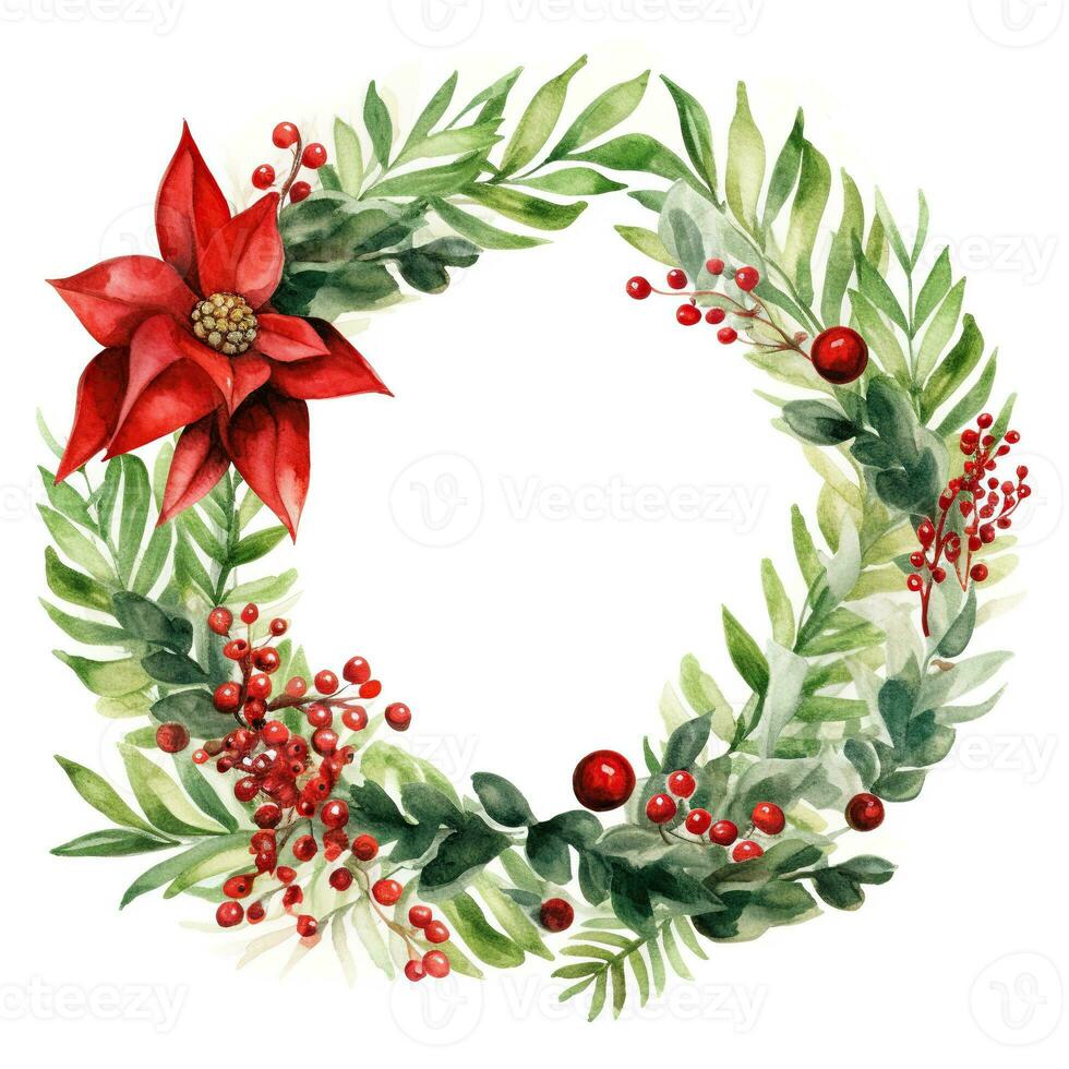 Christmas wreath of red poinsettia and leaves. Watercolor illustration. Ai Generated photo