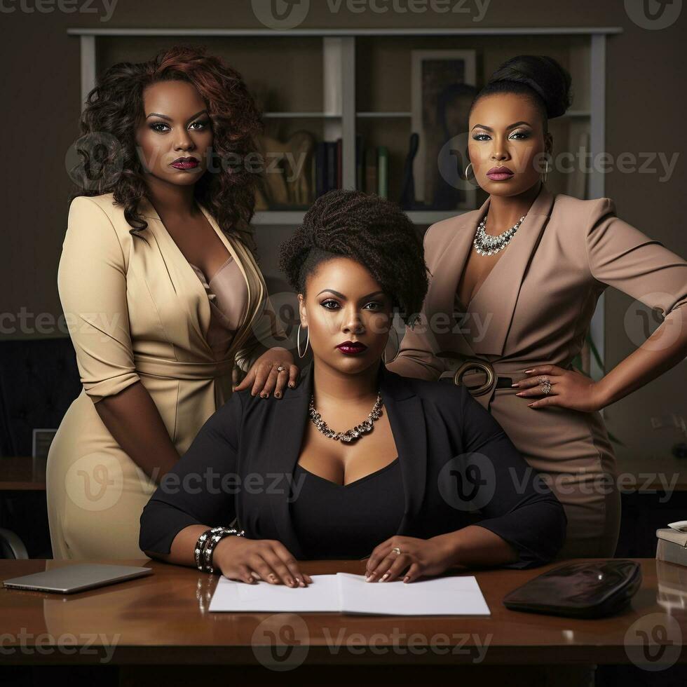 Three woman plus size sitting in office at desk with a laptop. Ai Generated photo