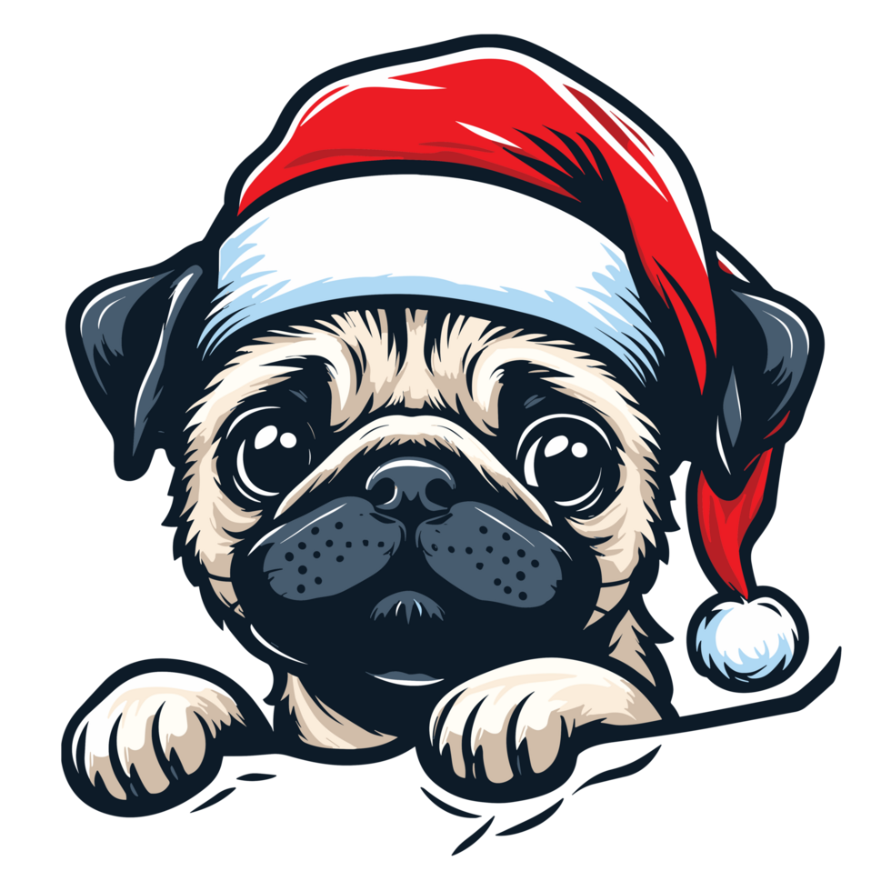 Beautiful Pug Wearing Santa Hat Peeking Out - Ai Generative png