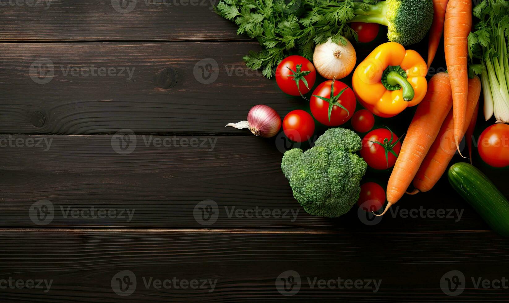 Vegetables on old wood table background. AI Generative photo