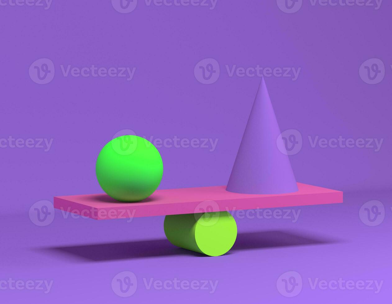 3D render of balancing geometric shapes. Lavender background. geometric installation. Ball, cone and cylinder. photo