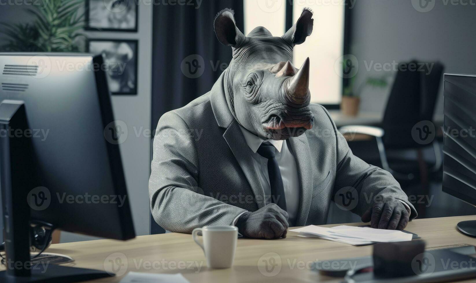 Rhinoceros works diligently in office. AI Generative photo