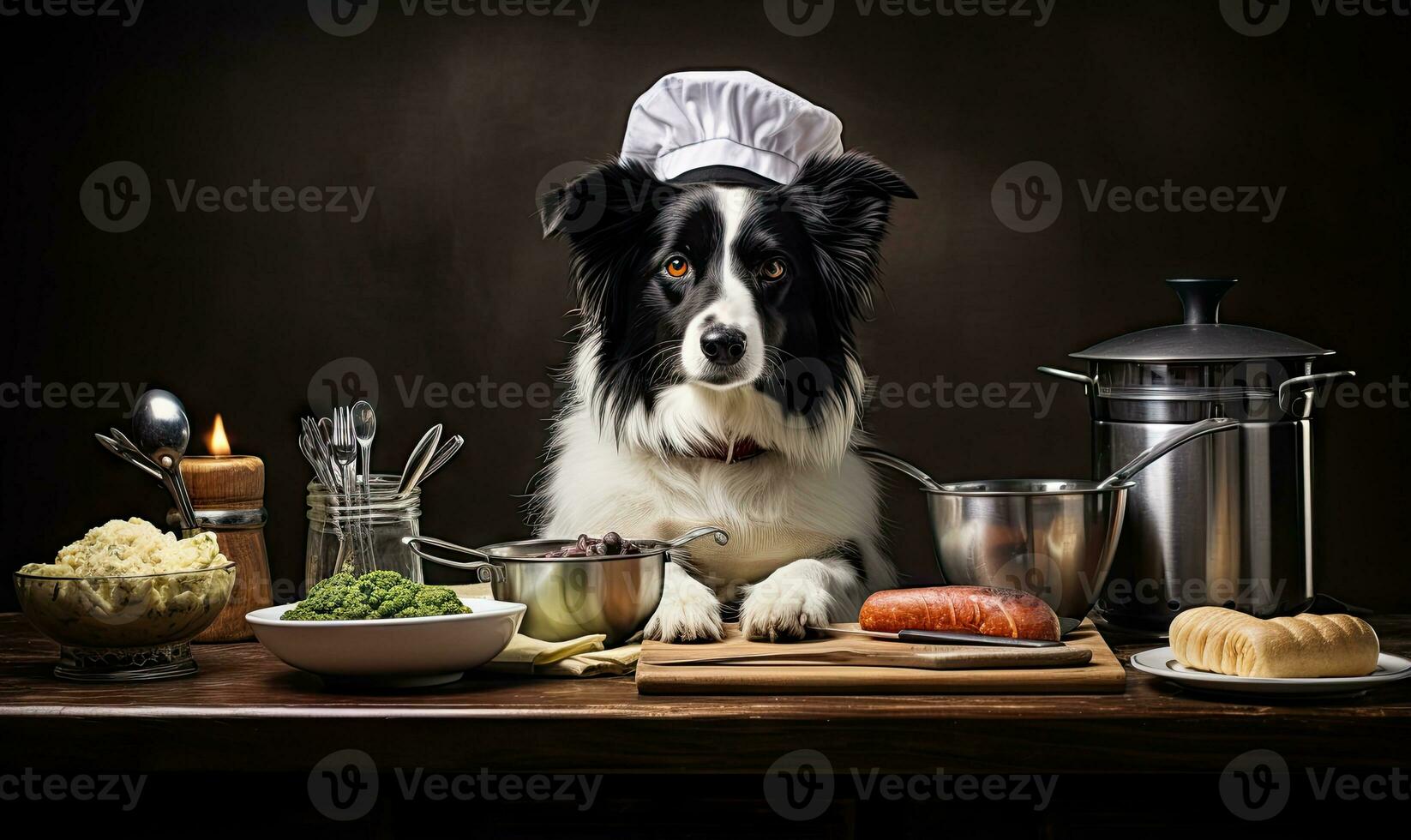 Dog in chef's hat confidently presides over a table. AI Generative photo