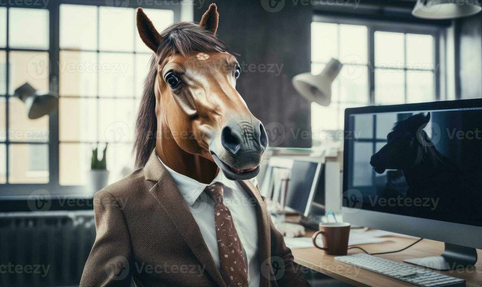 juguetón oficina ajuste hombre con caballo cabeza en profesional atuendo. ai generativo foto