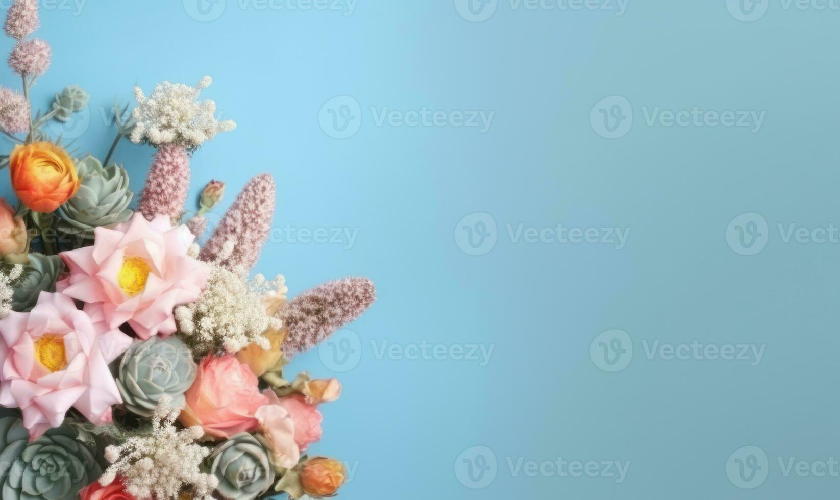 Vibrant bouquet of various flowers and succulents against a serene blue backdrop. AI Generative photo