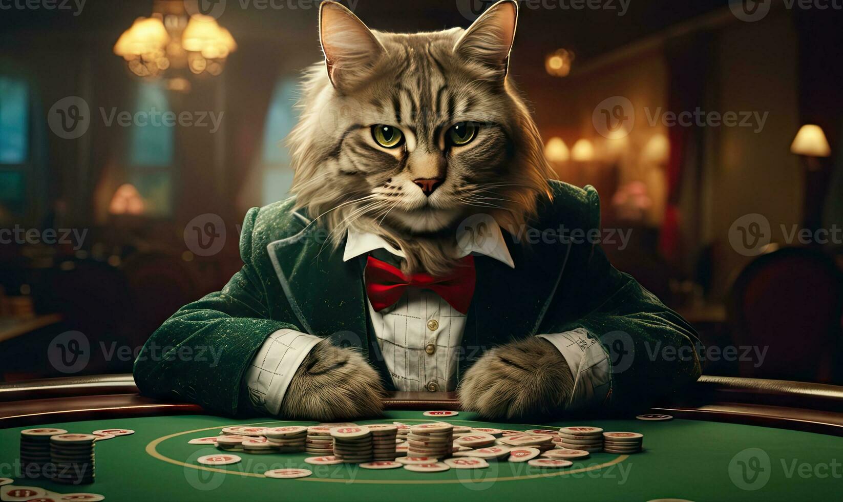 Stylish feline croupier in suit, focused on high-stakes game. AI Generative photo