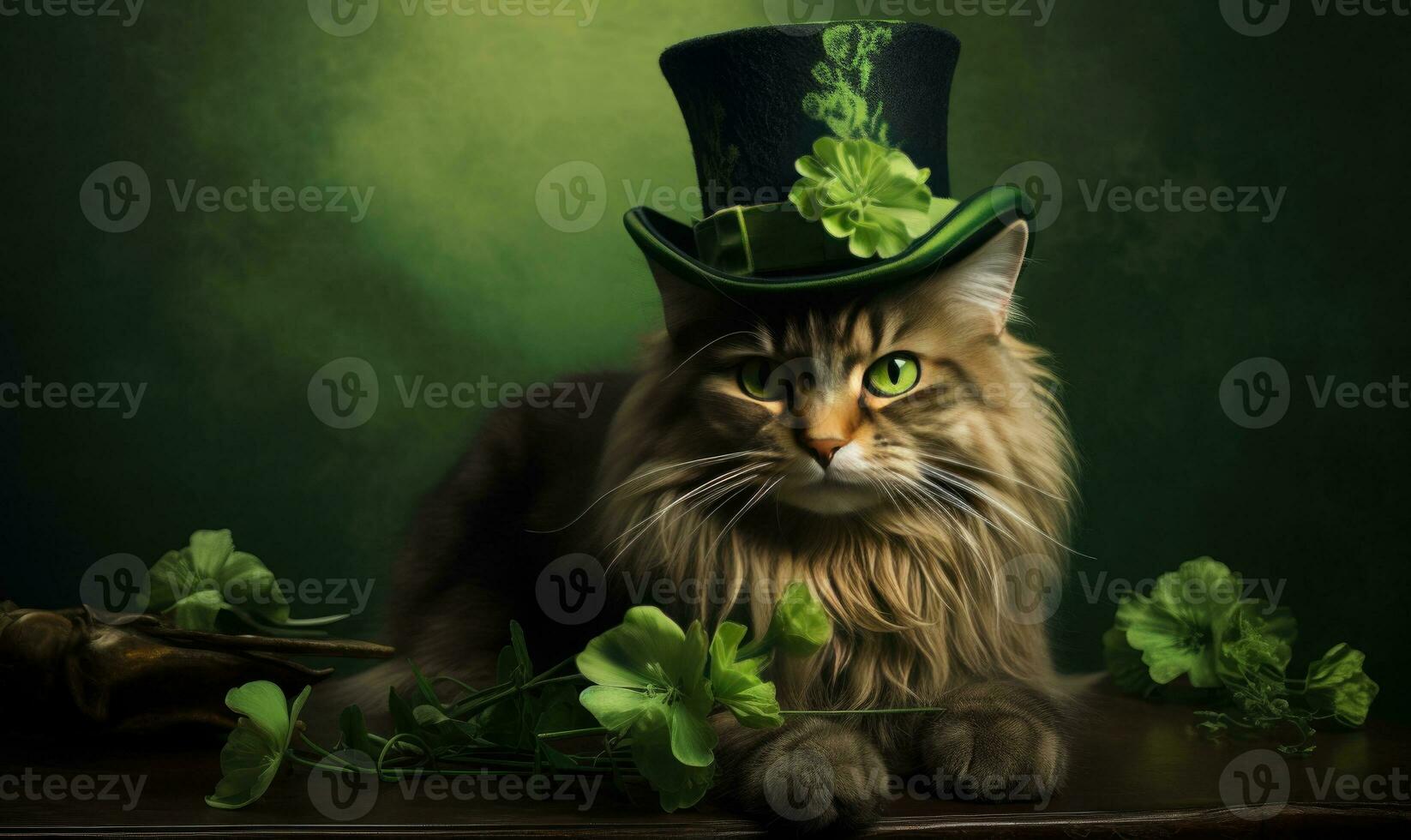 Elegant cat in a green hat and tie celebrating St. Patrick's Day. AI Generative photo