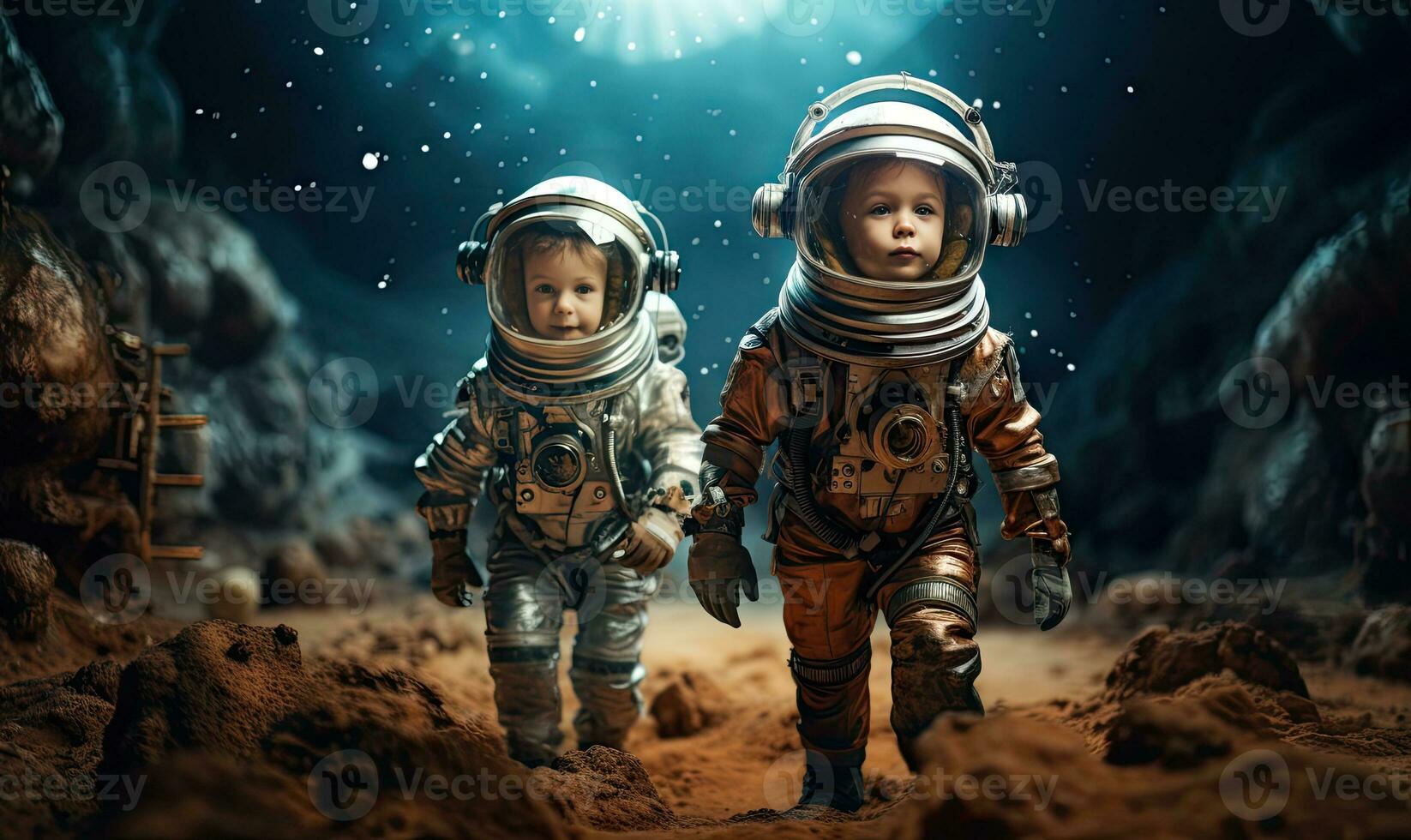 Two children in spacesuits joyfully play on a lunar surface. AI Generative photo