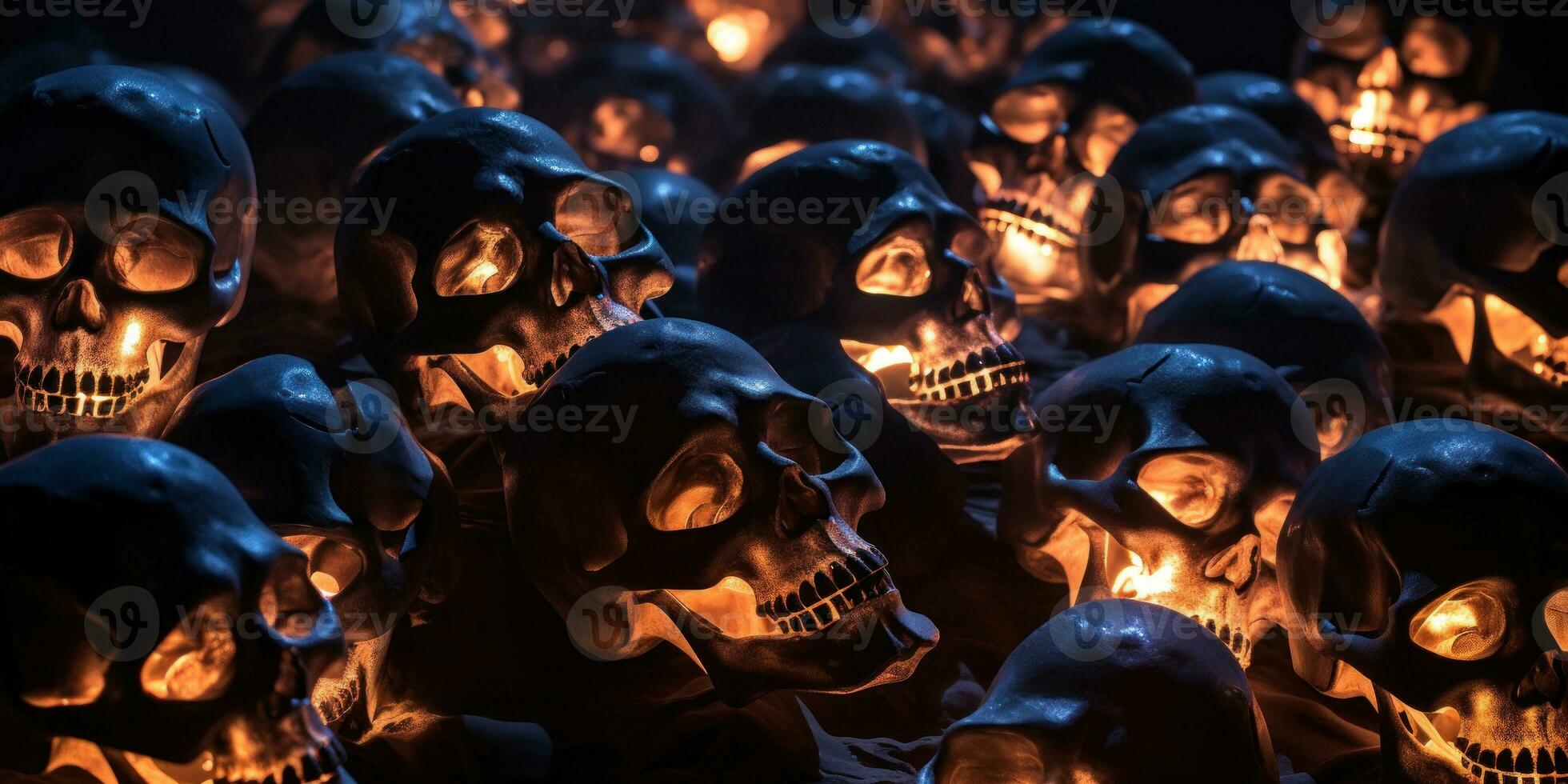 Creepy collection of illuminated skulls for Halloween. AI Generative photo