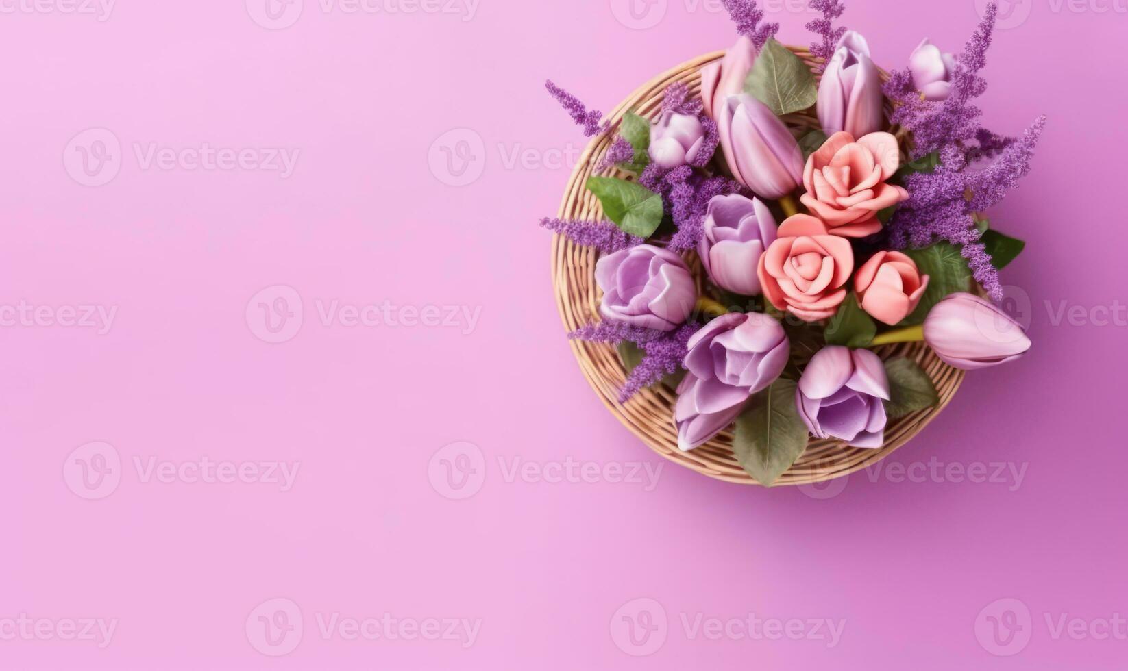 Lush purple tulips in a delicate wicker basket. AI Generative photo