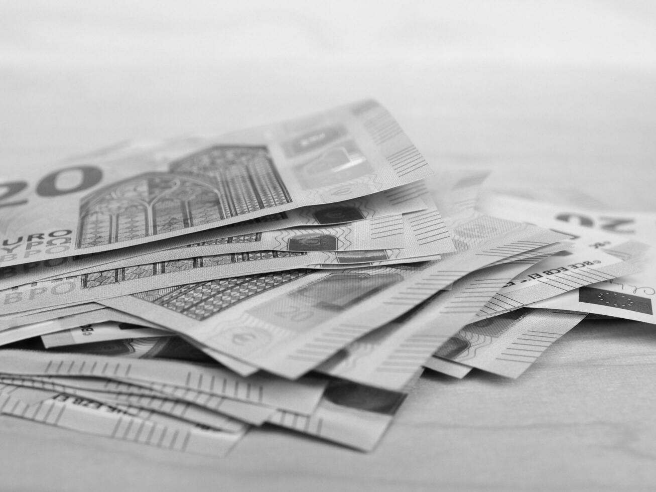 Euro notes and coins, European Union in black and white photo