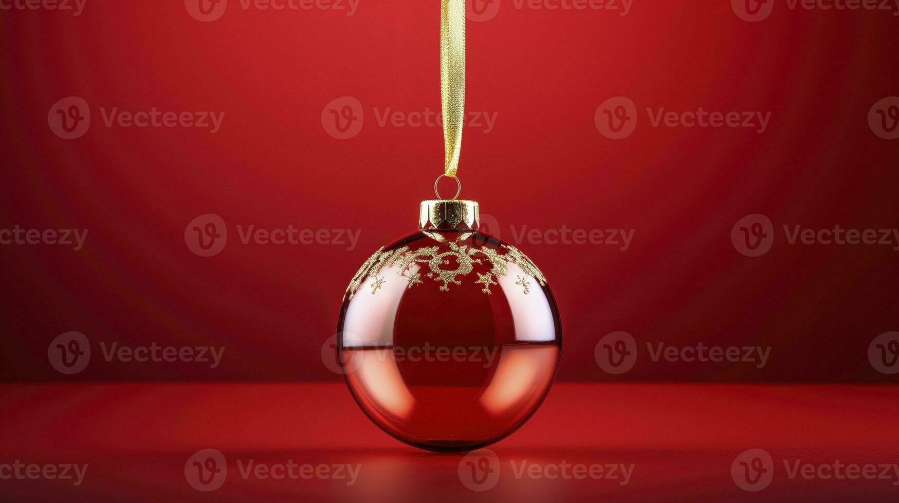 Glass red bauble hanging on golden ribbon ai generated banner background copy space photo