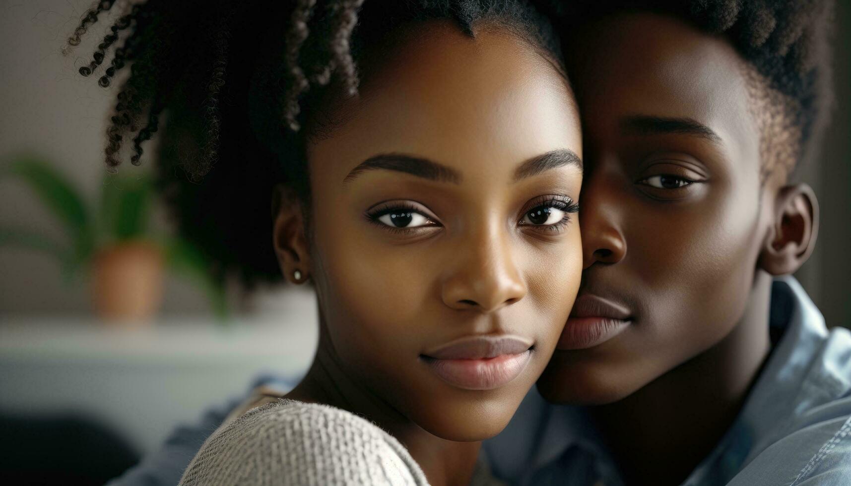 Cheerful teenage Black couple dating home, hugging, talking, laughing, enjoying leisure. Cute teenage African girlfriend embracing, cuddling fuzzy haired boyfriend with love, affection. Generative AI photo