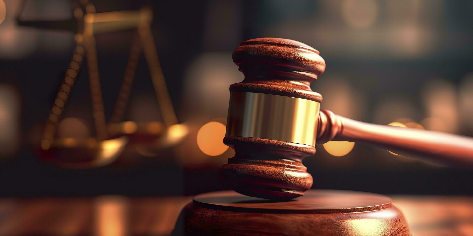Legal law concept image gavel bokeh. law and authority lawyer concept, judgment gavel hammer in court courtroom for crime judgment legislation and judicial decision. AI Generative photo
