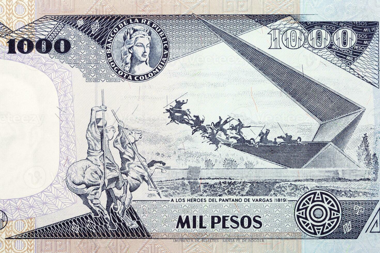 Scene honoring 1819 battle heroes from old Colombian money photo